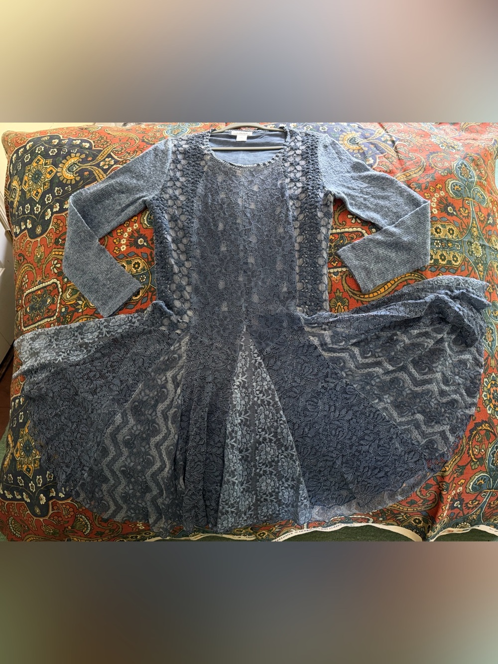 Women's Lace Panel Slate Blue Long-Sleeve Dress